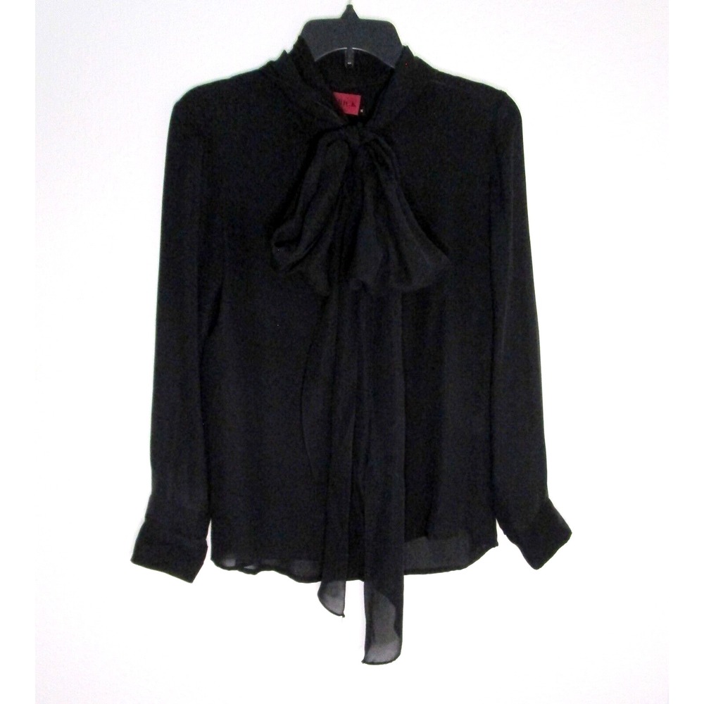 Heidi Merrick Women's size 2 (runs big) 100% Silk Tie Scarf Blouse Black Office
